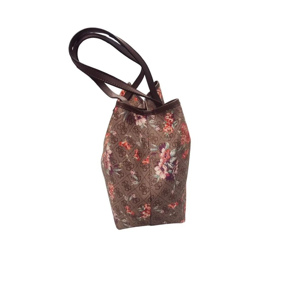 Guess Vikky floral Monogram‎ Tote Bag Brown Rose Print FL699523 11x13x6